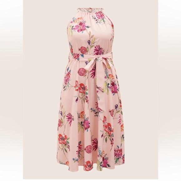 BloomChic Plus Size Citrus Fruit Print Halter Belted Gathered Dress - Picture 7 of 8